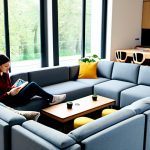 A diverse group of young adults, fully clothed in comfortable, modest attire, gathered in a modern, open-plan shared living space. The scene features flexible modular sofas arranged for communal interaction, a foldable dining table, and adjustable smart lighting casting warm, inviting hues. One person is relaxing on a sofa, another is interacting with a smart speaker, and a third is reading by a large window with ample natural light. The space showcases efficient design with movable partitions, creating a dynamic and adaptable environment. Professional photography, high quality, realistic, perfect anatomy, correct proportions, natural pose, well-formed hands, proper finger count, natural body proportions, safe for work, appropriate content, fully clothed, family-friendly.