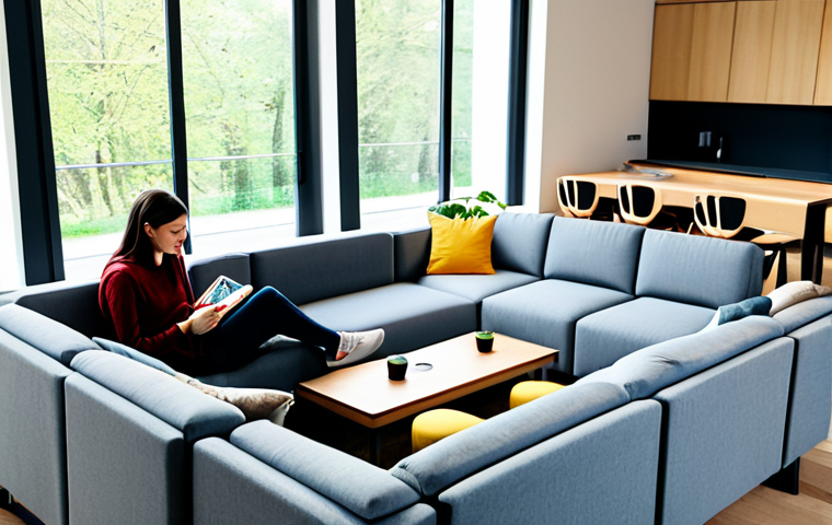 A diverse group of young adults, fully clothed in comfortable, modest attire, gathered in a modern, open-plan shared living space. The scene features flexible modular sofas arranged for communal interaction, a foldable dining table, and adjustable smart lighting casting warm, inviting hues. One person is relaxing on a sofa, another is interacting with a smart speaker, and a third is reading by a large window with ample natural light. The space showcases efficient design with movable partitions, creating a dynamic and adaptable environment. Professional photography, high quality, realistic, perfect anatomy, correct proportions, natural pose, well-formed hands, proper finger count, natural body proportions, safe for work, appropriate content, fully clothed, family-friendly.